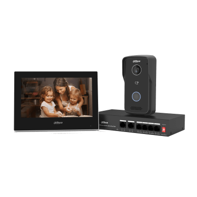 DHI-KTP03 KIT VIDEO PORTERO IP POE DAHUA CABLEADO DHI-VTO2111D-P-S3+DHI-VTH2621G-P CON SWITCH POE 4CH