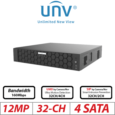 NVR304-32B-P16-IQ NVR 32CH 16POE 12MP SIN POE 4HDD SIP Y UMD MAX 24TB H.265+ ONVIF Smart Intrusion Prevention UÑV1