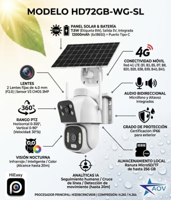 CAMARA PT 4G AOV 2x3MP 4MM 4G PANEL Solar 8W 12000mAh Color E-SIM/SIM Alarm AUDIO BIDIRECCIONAL HD72GB-WG-SL IAIT Ultra IP66