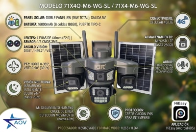 CAMARA PT 4G AOV 4x3MP 4MM 4G PANEL Solar 18W 16000mAh Color e-SIM y SIM Alarm AUDIO BIDIRECCIONAL 71X4Q-M6-WG IAITECH ULTRA