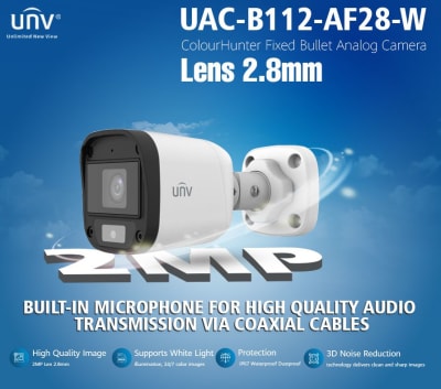 UAC-B112-AF28-W CAMARA BALA 2MP 2.8MM 20MT MICROFONO COLORHUNTER IP67 PLASTICA 12V 2A ANALOGA (Compatible DAHUA/HIKVISION) UÑV
