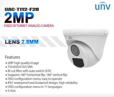 UAC-T112-F28 CAMARA DOMO 2MP 2.8MM IR20MT IP67 PLASTICA 12V 2A ANALOGA (Compatible DAHUA/HIKVISION) UÑV
