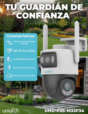 UHO-P2S-M33F34 CAMARA WIFI PT 3MP+3MP Doble Lentes 2.8MM COLOR IR30MT BIDIRECIONAL 512G IP66 UNIARCH