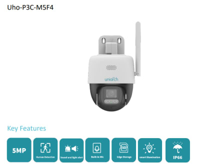 UHO-P3C-M5F4 CAMARA WIFI PT 5MP 4MM INTELIGENTE COLOR /WIZCOLOR IR30MT AUDIO BIDIRECIONAL 512GB IP66 ONVIF UNIARCH1
