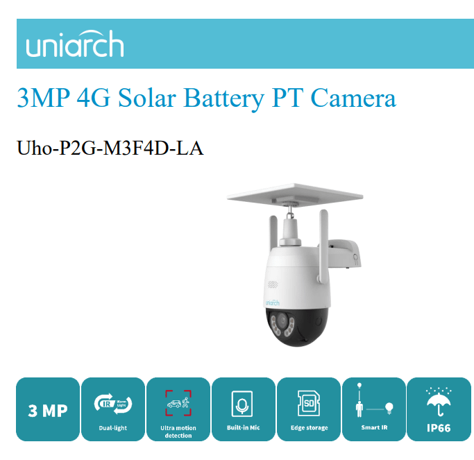 UHO-P2G-M3F4D-LA CAMARA SOLAR PT 3MP 4G 4MM COLOR AUDIO BIDIRECCIONAL 30MT IP66 10AH MAX 512GB UNIARCH2