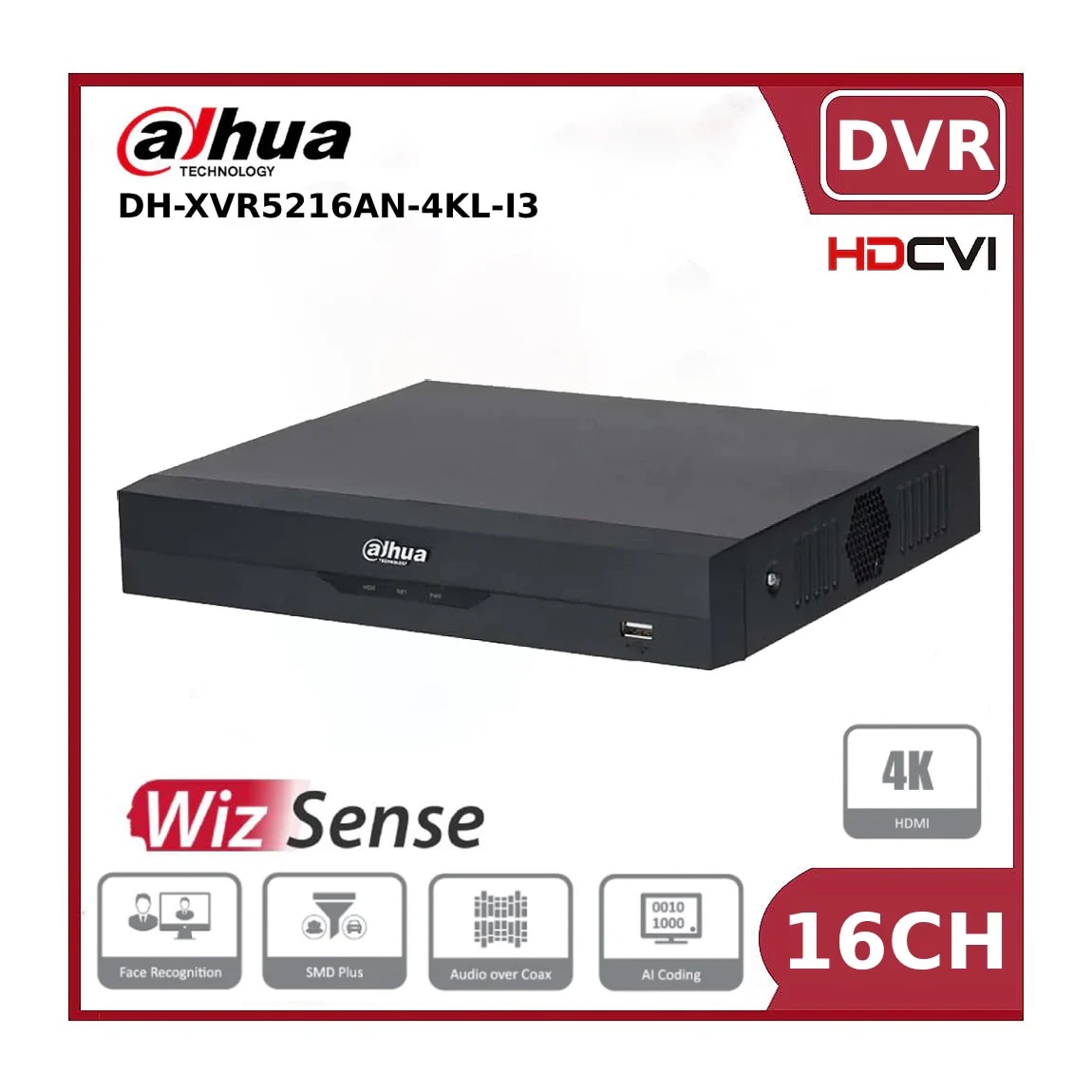 DH-XVR5216AN-4KL-I3 XVR 16CH 2HDD 16*SMD, WizSense, Max 4K,IA,Max 32CH IP 128Mbps,HDCVI/AHD/TVI/CVBS 0