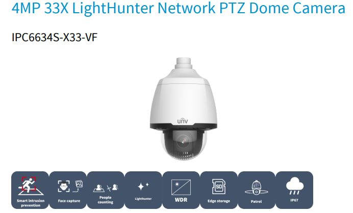 IPC6634S-X33-VF CAMARA PTZ IP POE 4MP 33X Lighthunter IP67 IK10 METAL+PLASTICA,SIN SOPORTE,UÑV 0