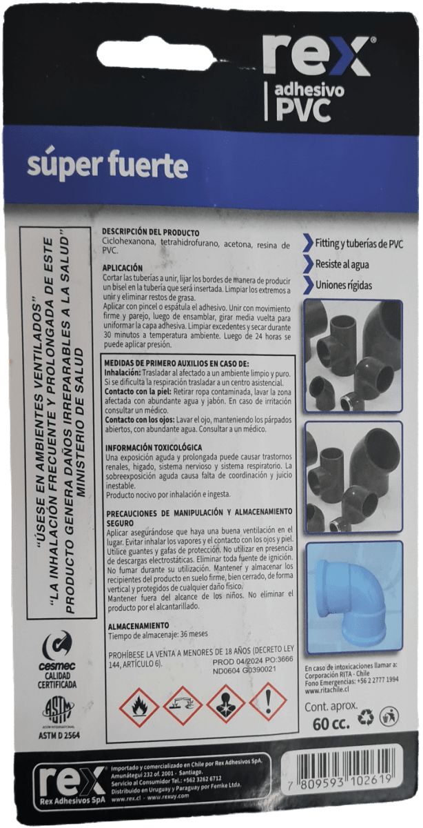 ADHESIVO PVC ESTUCHE 60CC MARCA REX2