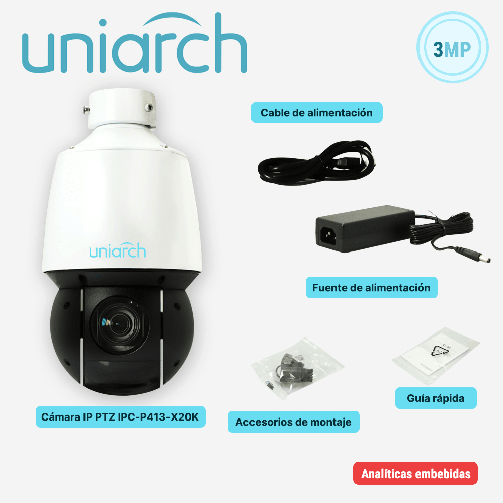 IPC-P413-X20K Camara PTZ IP POE 3MP 20X IR100mt ONVIF MicroSD 256GB Auto Tracking IP66 METAL SIN SOPORTE UNIARCH2