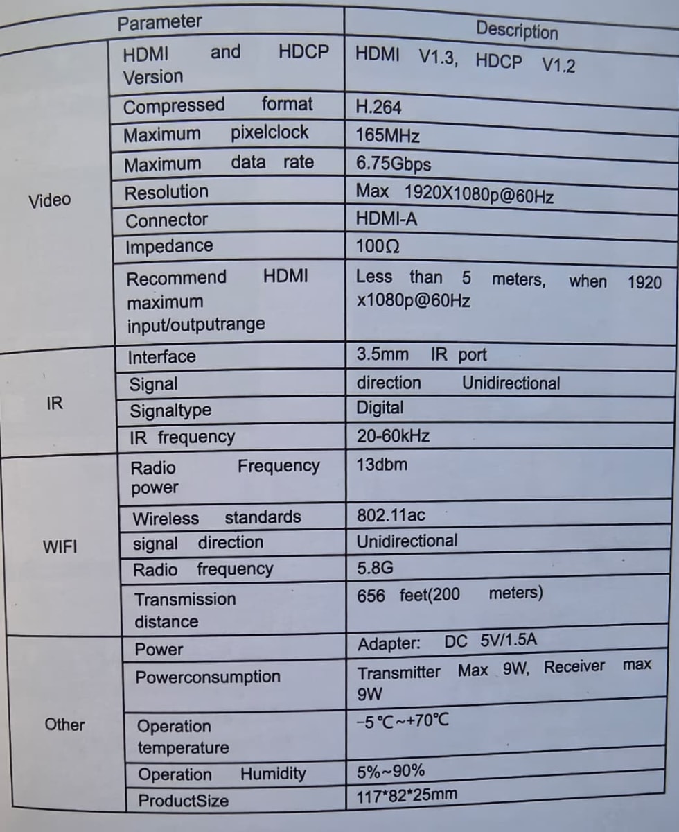 200MT WIFI  EXTENSOR HDMI  1080P 2.4Ghz 5Ghz(Trans*2+Antenas*4+IR*2)4