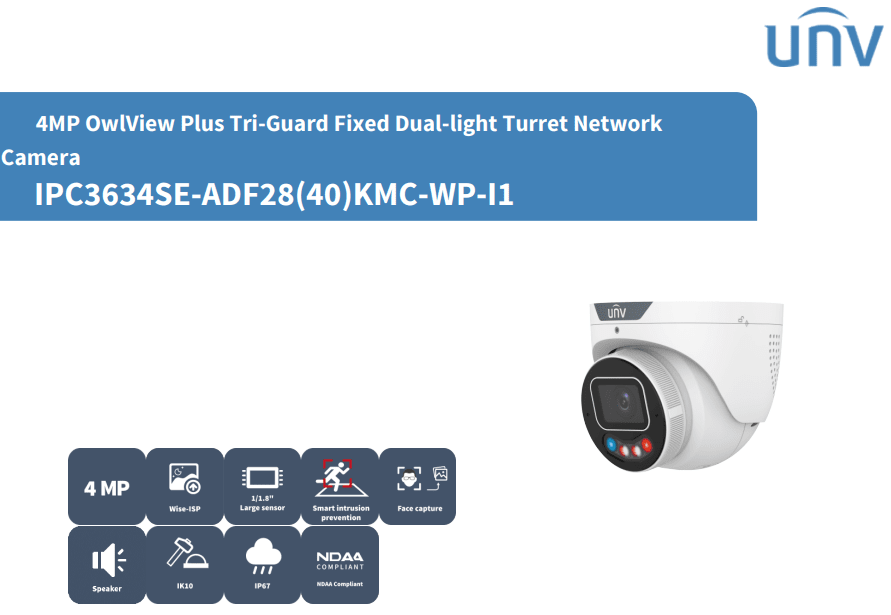 IPC3634SE-ADF28KMC-WP-I1 CAMARA DOMO IP POE 4MP 2.8mm Tri-Guard MIC ALARMA COLOR 30MT INSTRUSION LINEAS CRUZ METAL+PLASTICA MAX 512GB UÑV2
