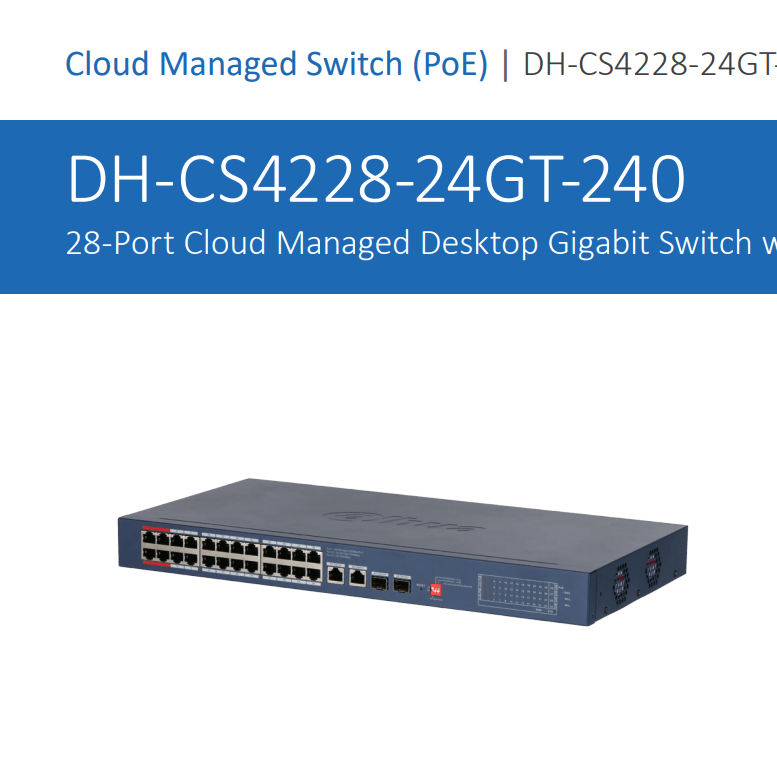 DH-CS4228-24GT-240 SWITCH POE 240W 24CH GE PoE y 2CH GE + 2CH SFP,NUBE,10~1000Mbps,250MT Uplink DAHUA 0