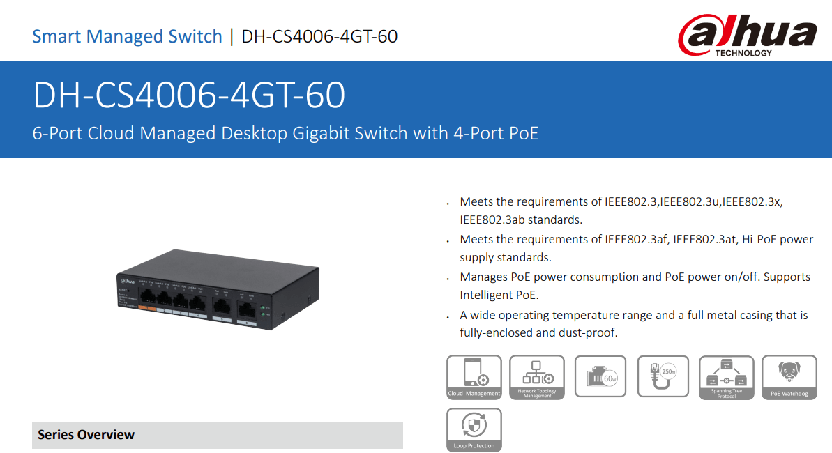 DH-CS4006-4GT-60 SWITCH POE GIGABIT 60W 53V 4 POE + 2 UP LINK ALL 10~1000Mbps NUBE ADMIN DAHUA2