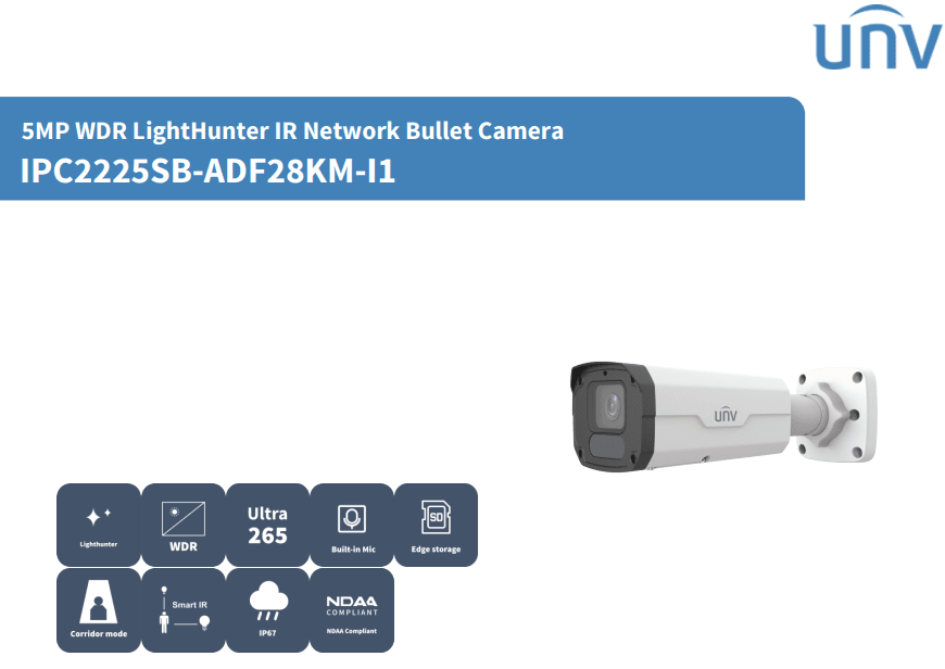 IPC2225SB-ADF28KM-I1 CAMARA BALA IP POE 5MP 2.8MM IR80 INTRUSION LightHunter MIC ALARMA IP67 MAX 512GB UÑV2