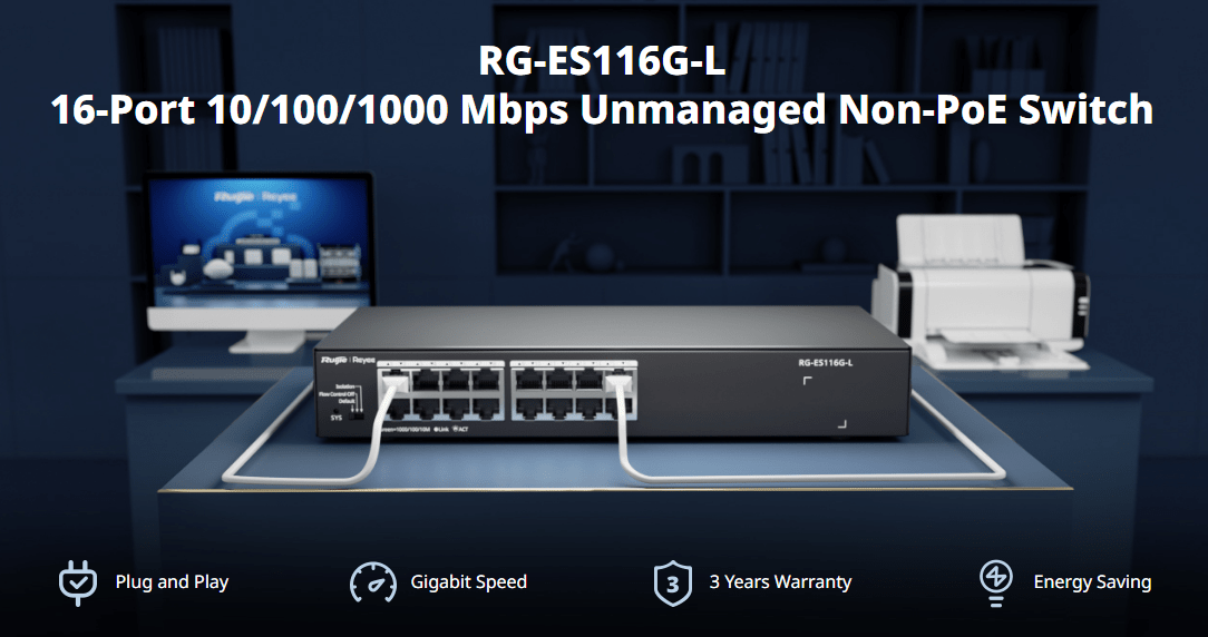 RG-ES116G-L Switch 16-Port 10/100/1000Mbps-GIGABIT,32Gbps,4Mb,APP Nube,no administrable,RUIJIE-REYEE3