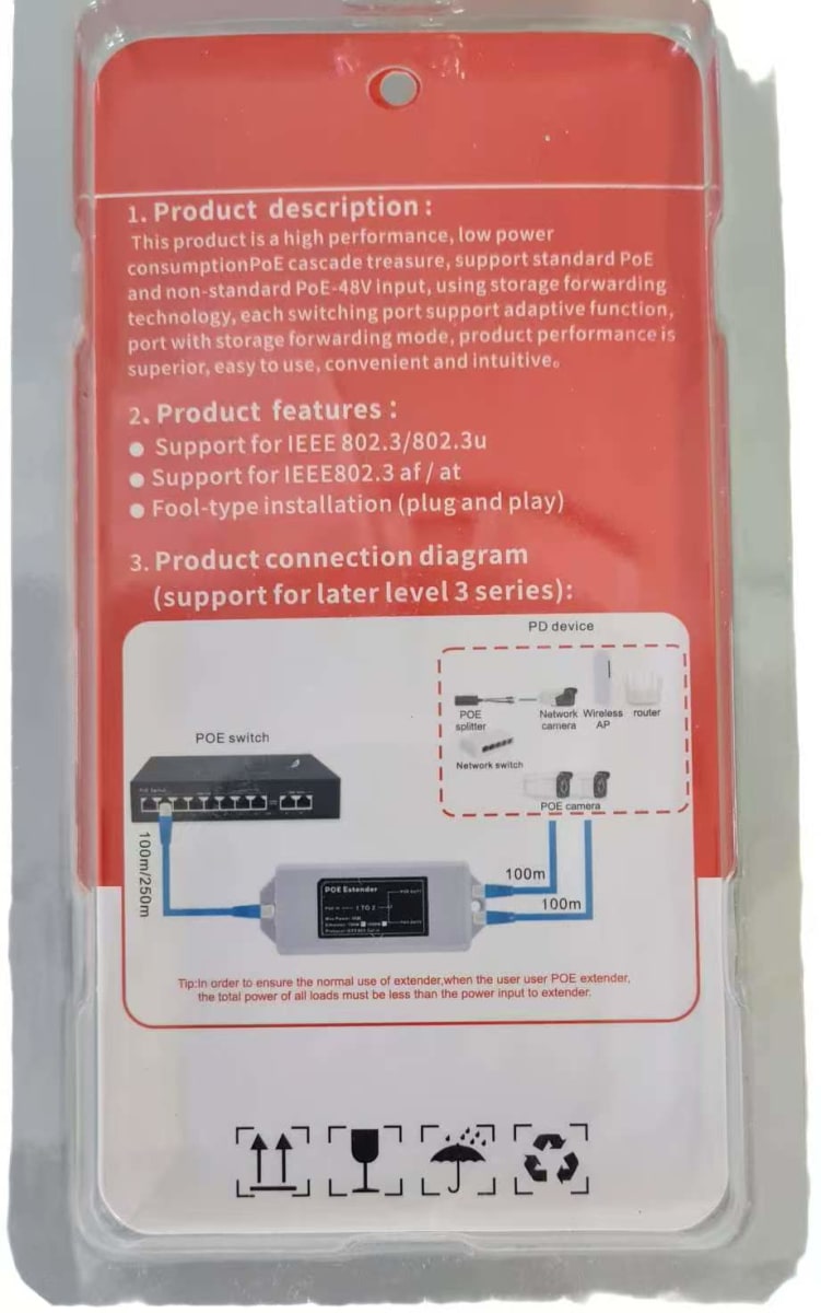 IAI-POEEX1A2-100 EXTENSOR POE 1 A 2 30W 100Mbps MAX250MT IEEE802.3af/at,In/Out: 44~55V, 0.5A/0.25A2