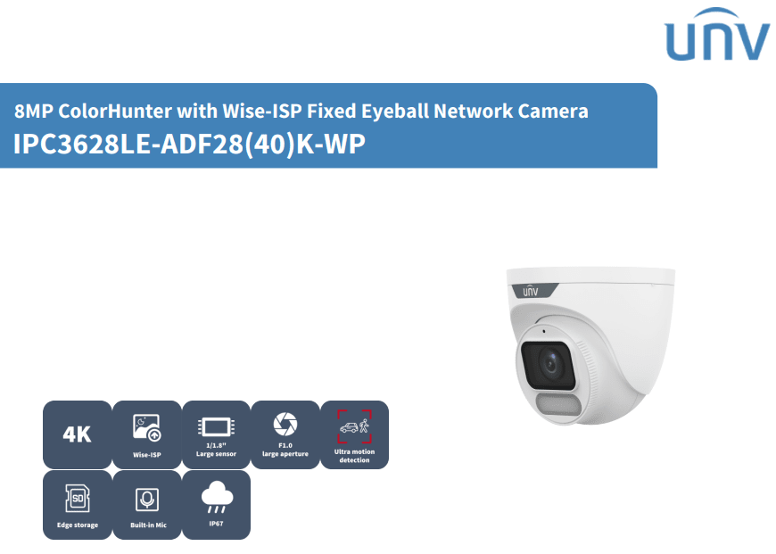 IPC3628LE-ADF28K-WP CAMARA DOMO IP POE  8MP 2.8MM 30MT MAX 512GB WIZCOLOR Wise-ISP MIC IP67 METAL+PLASTICA UÑV2