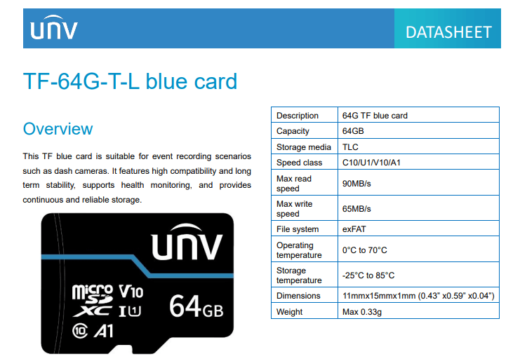 64GB TF-64G-T-L UÑV Tarjeta Memoria AZUL MicroSD 90MB/s C10/U1/V10/A1 Clase10 EXFAT UÑV2
