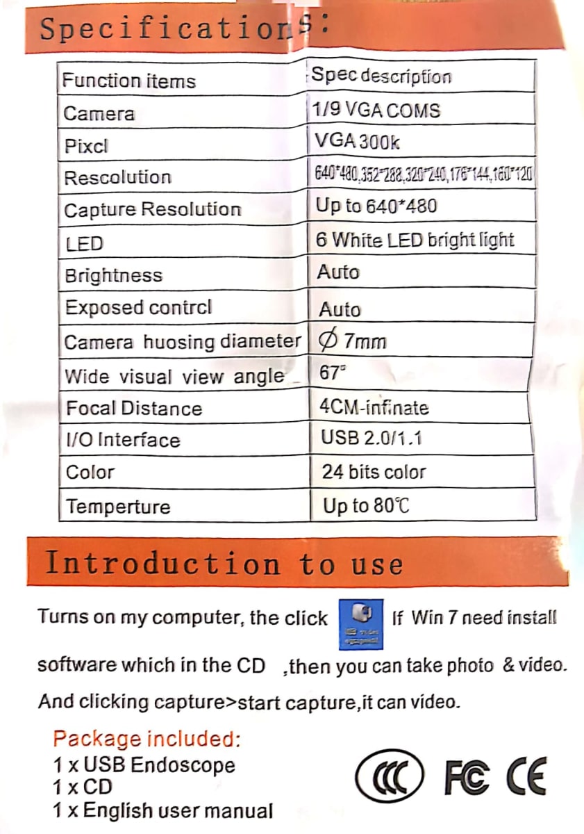 CAMARA ENDOSCOPICA IMPERMEABLE 5MT IP67 1/9VGA COMS CONECTOR PARA PC USB 2.0 :V8 OFERTA4