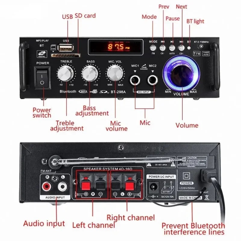 AMPLIFICADOR DE ALTAVOZ 60W CON BLUETOOTH 220V/12V 4-16Ohm >90 dbFM METAL CON CONTROL REMOTO BT-298A2