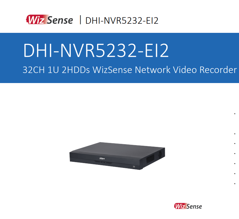 DHI-NVR5232-EI NVR SIN POE 32CH 4K WIZSENSE SMD AcuPick H.265+ 2HDD 1U ALARMA AI 2CH FACIAL DAHUA 0