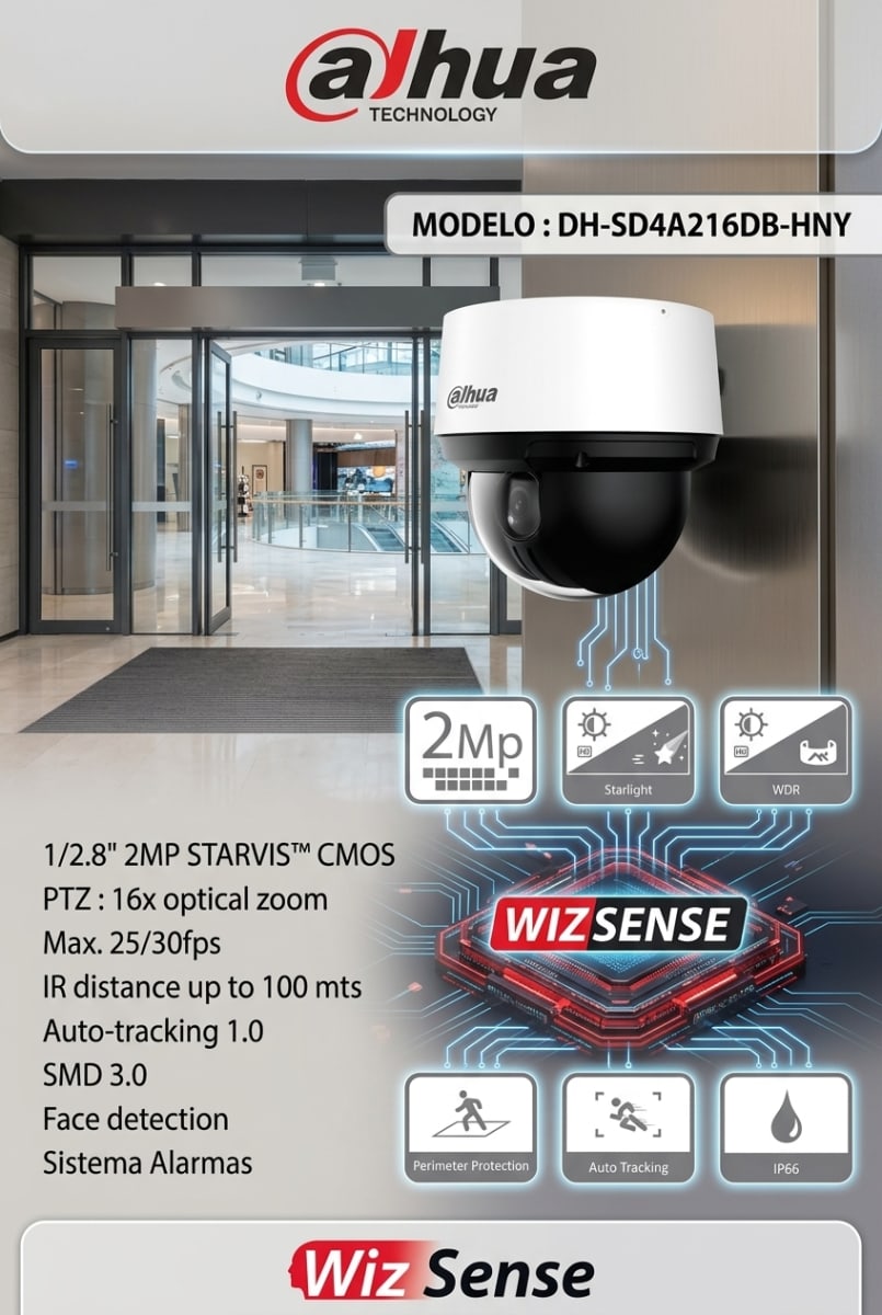 DH-SD4A216DB-HNY CAMARA PTZ IP POE 2MP 16X IR100 mts Auto-tracking IP66 Mc.SD Alarma SMD WizSense2