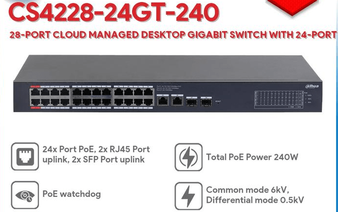 DH-CS4228-24GT-240 SWITCH POE 240W 24CH GE PoE y 2CH GE + 2CH SFP,NUBE,10~1000Mbps,250MT Uplink DAHUA2