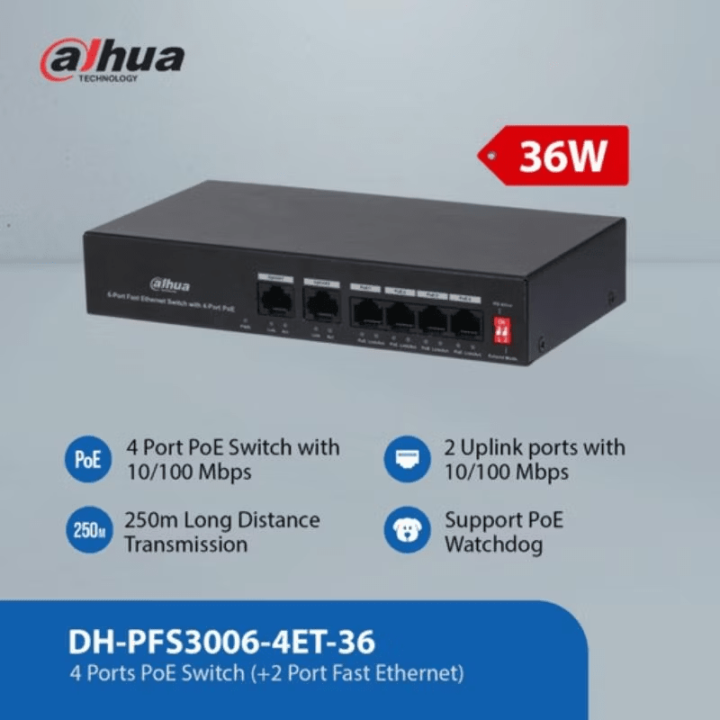 DH-PFS3006-4ET-36 6-Port Fast Ethernet Switch POE 30W with 10/100Mbps  4-Port PoE + 2-Port Uplink DAHUA 0