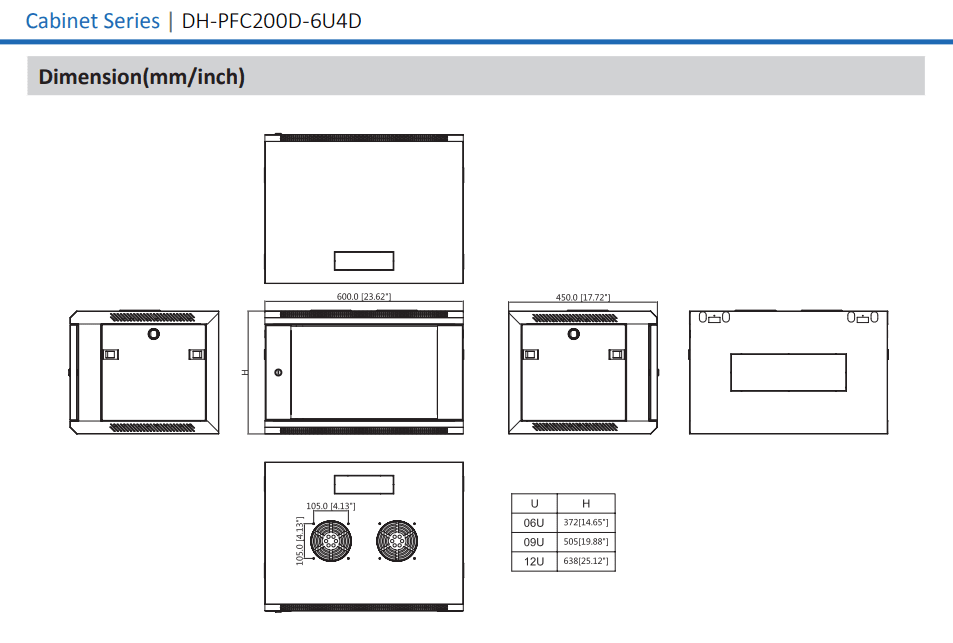 DH-PFC200D-6U4D GABINETE RACK 6U DAHUA FIJO A PARED SIN BANDEJA METAL ACCESORIO NEGRO 600X450X3722