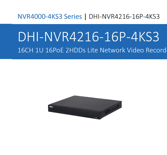 DHI-NVR4216-16P-4KS3 NVR 16CH POE 2HDD SMD Plus Red inteligente RJ45 10/100/1000Mbps H.265+ Max20TB 0