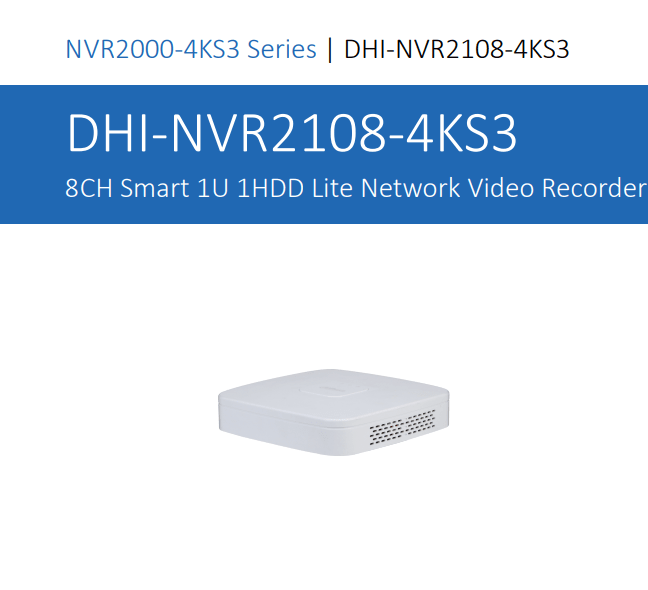 DHI-NVR2108-4KS3 NVR 8Ch Dahua 4K SMD Plus 1 HDD de hasta 20TB 10/100 Mbps 0