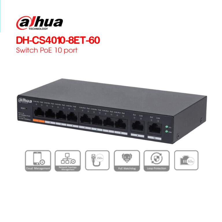 DH-CS4010-8ET-60 SWITCH POE 60W 53V 10-Port 10~1000Mbps NUBE Con 8-Port PoE + 2-Port GB Uplink DAHUA 0