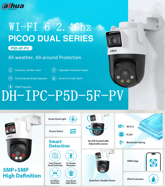 DH-IPC-P5D-5F-PV CAMARA IP WIFI6 PT 5MP 2.8 Y 6MM DOBLES LENTE COLOR ALARMA AUDIO BIDIRECCIONAL WIFI 2.4GHZ MAXIMA MICRO SD 256GB 12V 0