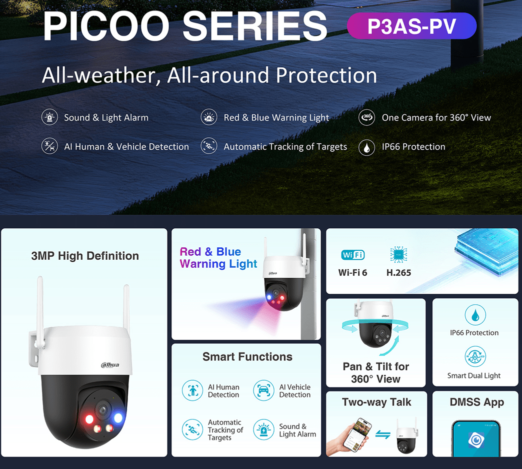 DH-IPC-P3ASP-PV CAMARA IP WIFI PT 3MP 4MM ALARMA COLOR LUZ POLIC AUDIO BIDIRECCIONAL 2.4/5G MICRO SD MAX 256GB 12V DAHUA 0