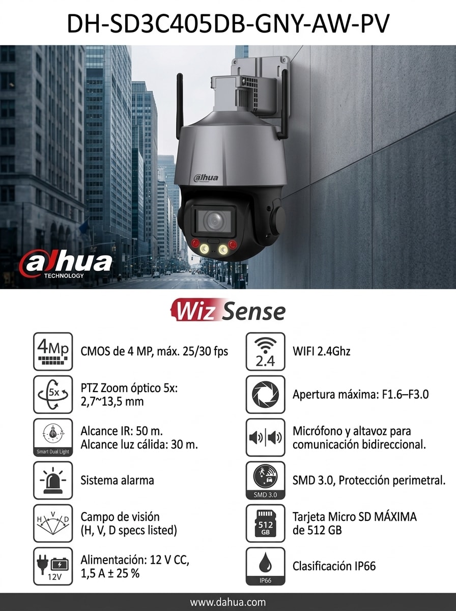 DH-SD3C405DB-GNY-AW-PV CAMARA PTZ WIFI 4MP 5X COLOR WizSense AUDIO BIDIRECCIONAL ALARMA 2.4GHZ 12V IP66 MAX 512GB3