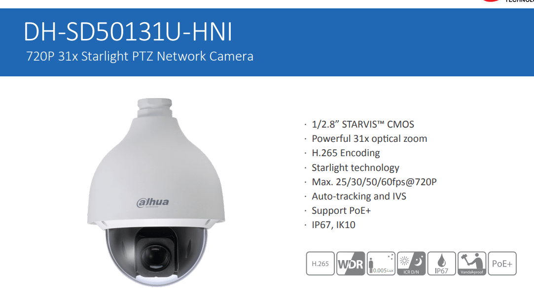 DH-SD50131U-HNI CAMARA PTZ POE 1MP IP ZOOM 31X 1610MT AUTO TRACKING Starlight IP67 IK10 24V METAL 0