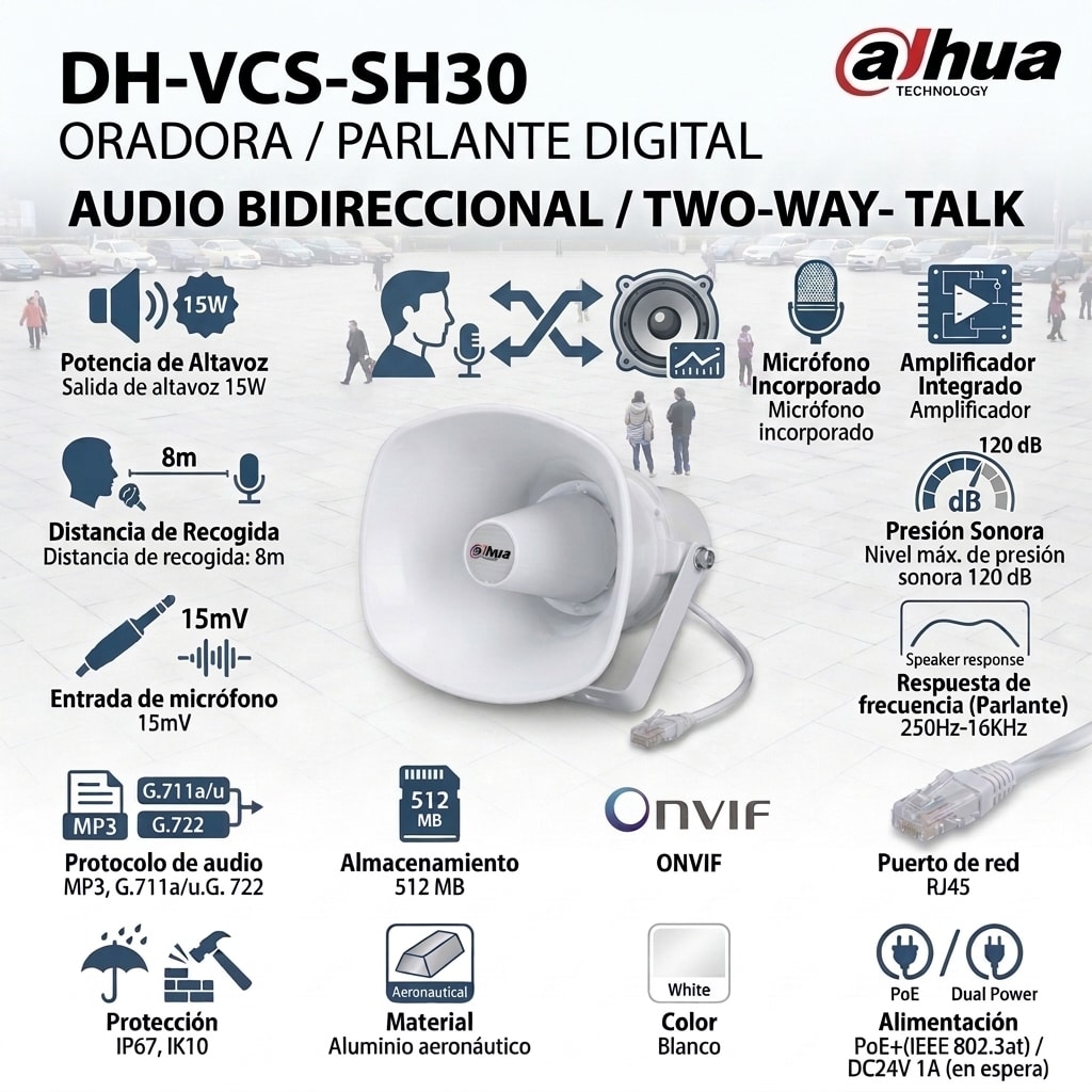 DH-VCS-SH30 Oradora Parlante  IP 120dB 15W POE 24V MAX 100MT TF 512MB CON MIC IEEE 802.3at IP672