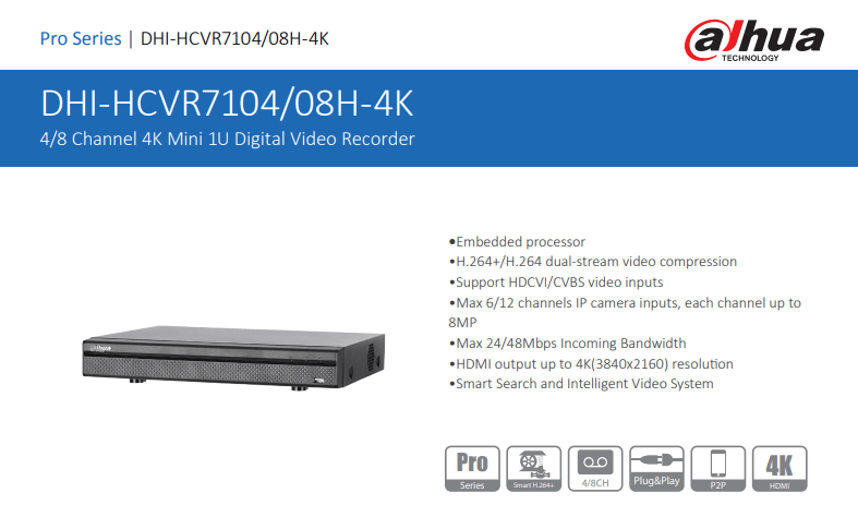 DH-HCVR7104H-4K XVR 4CH 8MP(4K) IP 4+2 H.264+/H.264 MAX 8TB APP:DMSS OFERTA 0
