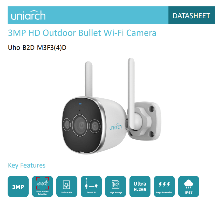 UHO-B2D-M3F3D CAMARA WIFI BALA 3MP 2.8MM ONVIF COLOR IR20MT AUDIO BIDIRECIONAL IP67 UNIARCH4