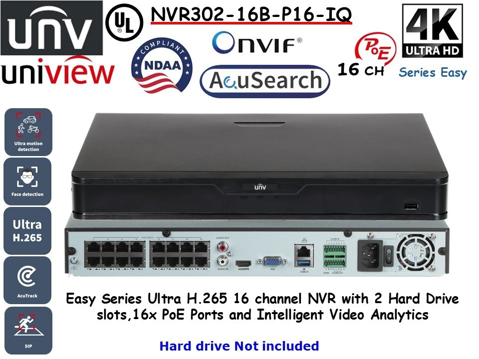 NVR302-16B-P16-IQ NVR 16CH 16POE 12MP SIN POE 2HDD SIP Y UMD MAX 24TB Smart Intrusion Preventio H.265+ UÑV 0