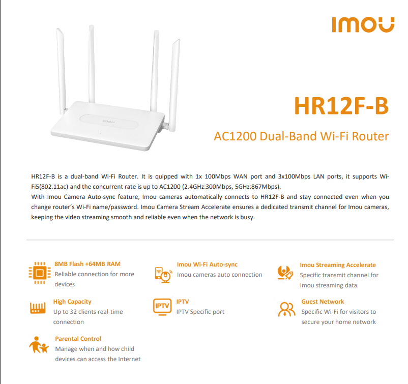HR12F-B ROUTER 4CH 1200Mbps Doble Banda Wifi 300Mbps 2.4GHz y 867Mbps 5GHZ 12V 0.5A POR APP IMOU2