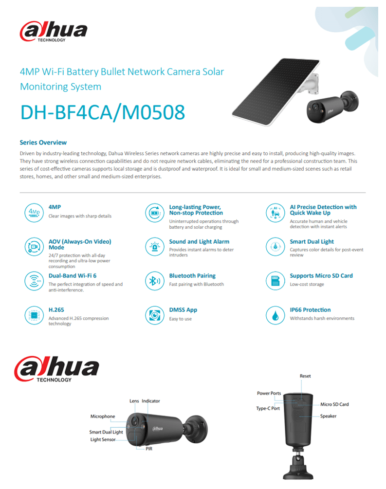 DH-KIT/IPC-BF4CP-0210B-Ash/M0508 KIT CAMARA BALA SOLAR 4MP 2.1MM PANEL 8W BATERIA 5600MAH ALARMA AUDIO BIDIRECCIONAL WIFI 2.4Ghz 5Ghz MICRO SD Maxima 512GB COLOR NEGRA DAHUA2