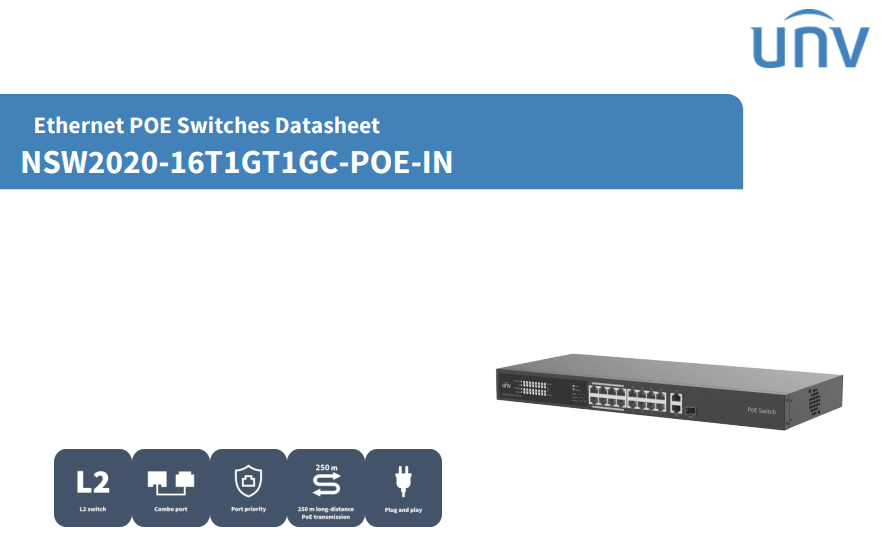 NSW2020-16T1GT1GC-POE-IN Switch POE 250W 18CH 16POE 10~100Mbps+2 Uplink 1000Mbps 802.3at/af UÑV 0