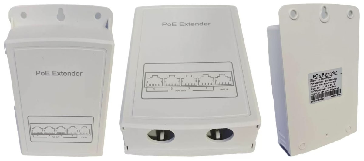 HX-FSPOE104-P EXTENSOR POE 1 A 4 MAX 100 MTS 100Mbps in 30W out 25.5w IEEE802.3AF/AT 0
