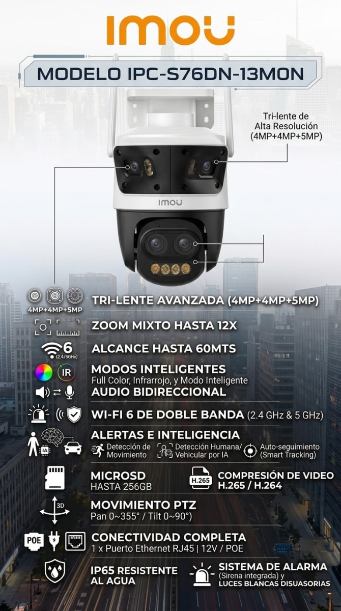 IPC-S76DN-13M0N CAMARA PTZ WIFI POE 4+4+5MP 12X 60MTS MICROFONO BIDIRECCIONAL,FULL COLOR,Seguimiento,HUMANA , AUTO,MAX 256GB,WIFI 6 2.4/5GHz IMOU2