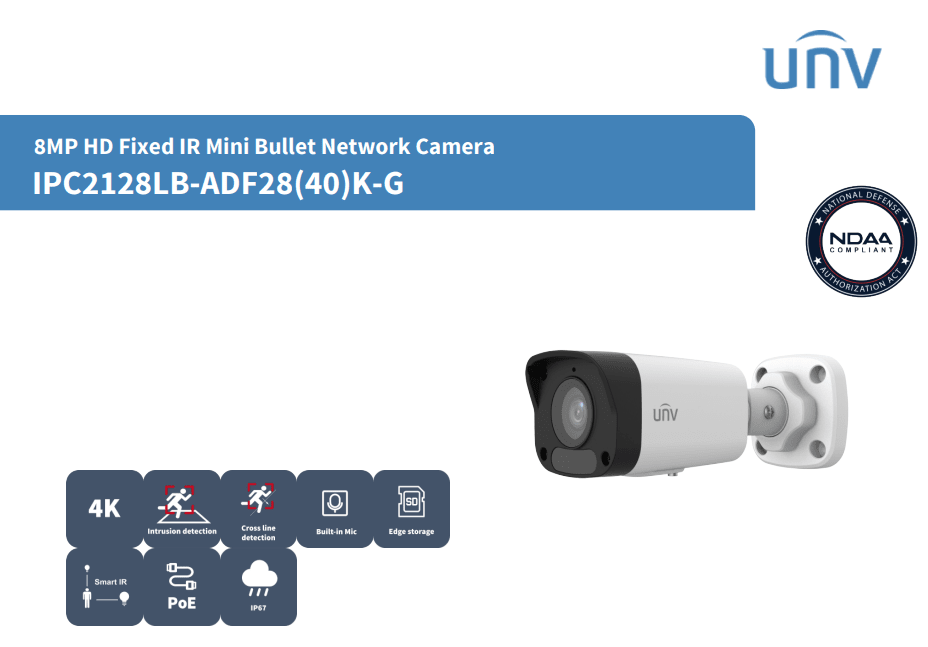 IPC2128LB-ADF28K-G CAMARA BALA IP POE 8MP 2.8MM MIC IR30MT INTRUSION ONVIF MAX 512GB IP67 MARCA UÑV 0