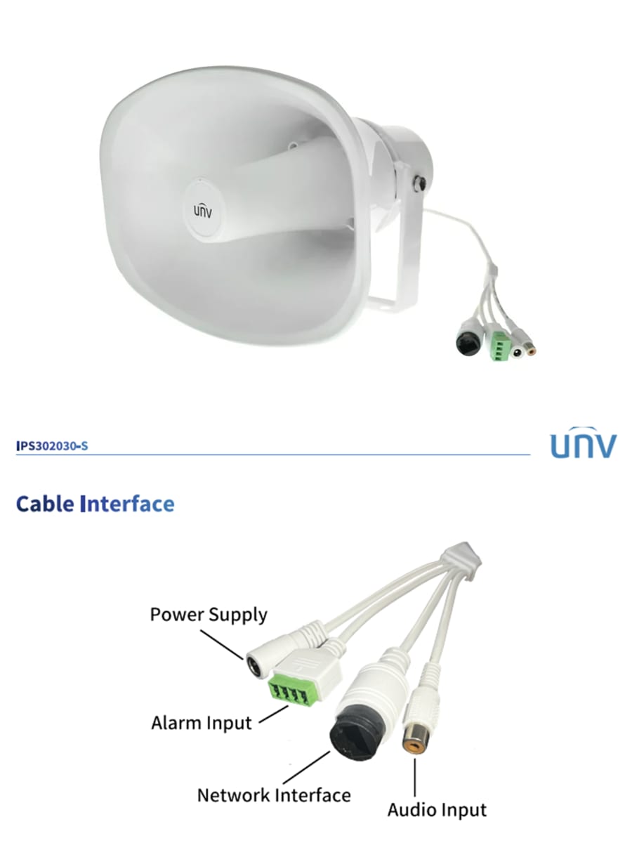 IPS302030-S BOCINA Megafono IP POE Altavoz 30W 130dBSPL 8Ohms 12V/24V IP66 Parlante ABS CCTV UÑV3