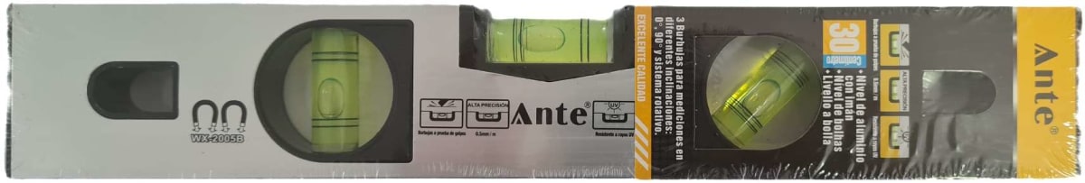 NIVEL DE ALUMINIO CON IMAN 300MM PLATEADO MARCA: ANTE 0