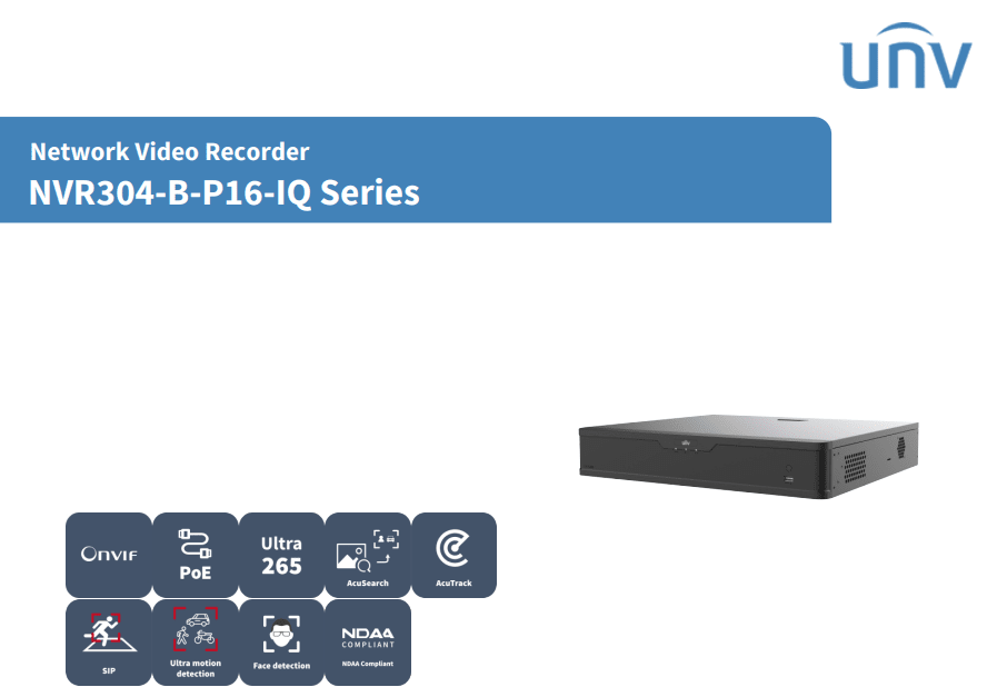 NVR304-32B-P16-IQ NVR 32CH 16POE 12MP SIN POE 4HDD SIP Y UMD MAX 24TB H.265+ ONVIF Smart Intrusion Prevention UÑV2