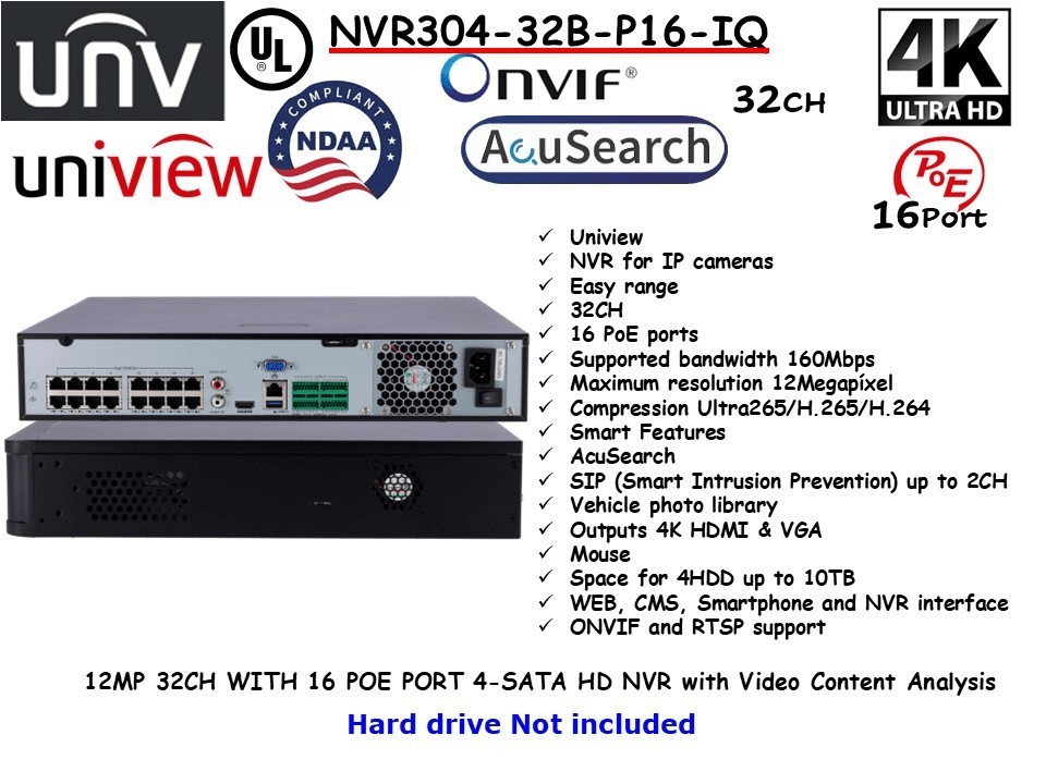 NVR304-32B-P16-IQ NVR 32CH 16POE 12MP SIN POE 4HDD SIP Y UMD MAX 24TB H.265+ ONVIF Smart Intrusion Prevention UÑV3